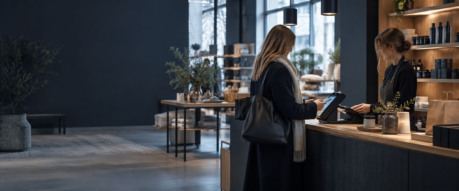 A customer making a payment at a modern retail counter